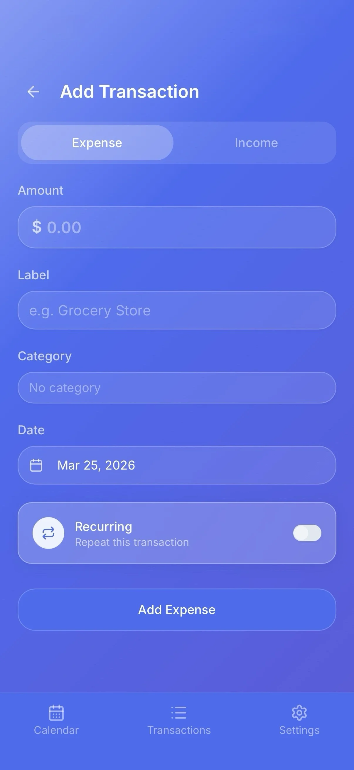 Add transaction screen